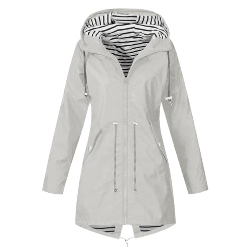 Allbestop Regenjacke Ultraleicht Damen,Regenmantel Damen Wasserdicht Große Größen Sport Übergangsjacke Gefüttert Mit Gestreift Winddichter Stanzjacke Trenchcoat Damen Lang Fahrradjacke Regenjacken von Allbestop