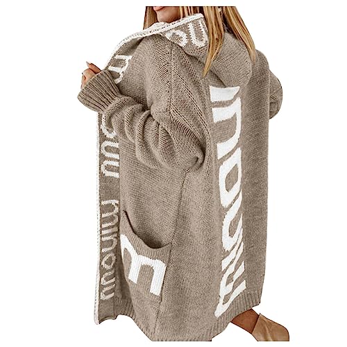Allbestop Strickjacke Damen Lang Oversize,Cardigan Damen Oversize Casual Winter Strickmantel Langer Kapuzenpullover für Damen Mit Taschen Und Kapuze Grobstrickjacke Buchstabendruck auf der Rückseite von Allbestop