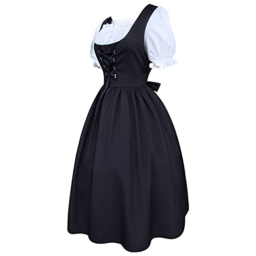 Allbestop Trachten Damen Dirndl Midi Dirndlkleid Oktoberfest Hemd Slim Fit Trachtenkleid Damen Kleider Dirndl Bluse Hoch Geschnitten Mit Spitzenschürze Trachten Zubehör,Schwarz-1,L von Allbestop