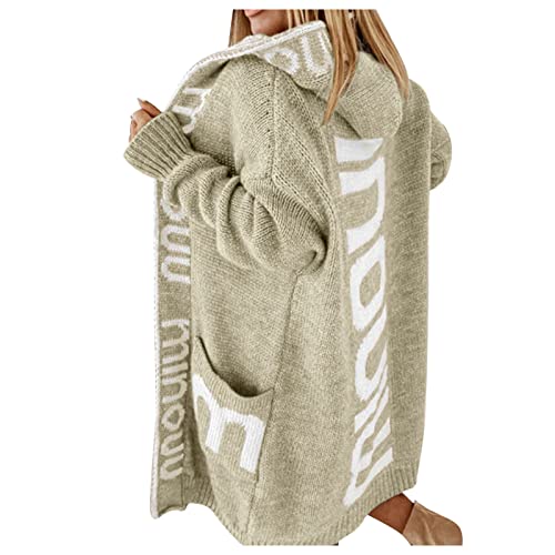 Allbestop Trachtenjacke Damen,Strickcardigan Acken Vorne Offen Herbst Winter Outwear Strickmantel mit Taschen Langer Kapuzenpullover für Damen Oversize-Strickjacke Buchstabendruck auf der Rückseite von Allbestop