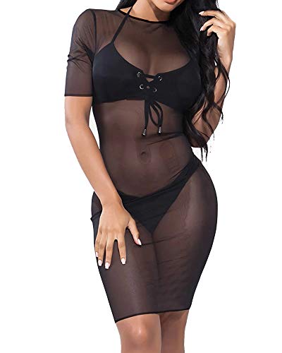 Allchic Sexy durchsichtiges Damenkleid aus Netzstoff, kurzärmelig, durchsichtig, Kurze Ärmel, schwarz, Small Allchic Sexy durchsichtiges Damenkleid aus Netzstoff, kurzärmelig, durchsichtig, Kurze Ärmel, schwarz, Small von Allchic