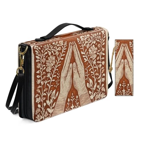Allcute Bibelhülle aus PU-Leder für Damen, Anbetung, Kirchentasche mit Lesezeichen, Holzschnitt, Blumenmuster, betende Hände, Bibelhüllen mit Schultergurt, Buchtragetasche, Braun von Allcute