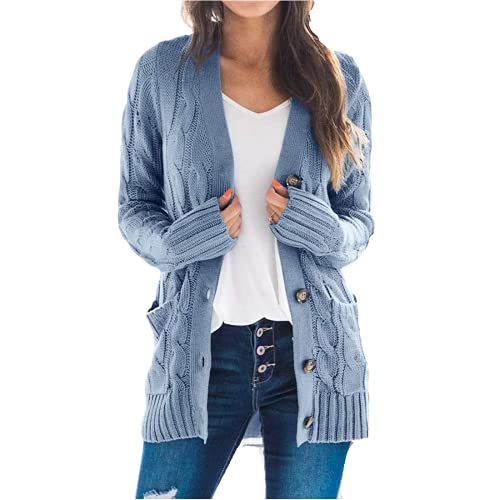 Alleen Damen Cardigan Pullover V-Ausschnitt Strickmantel Langarm Strickpullove Casual Strickjacke mit Taschen(XL,Blau) von Alleen