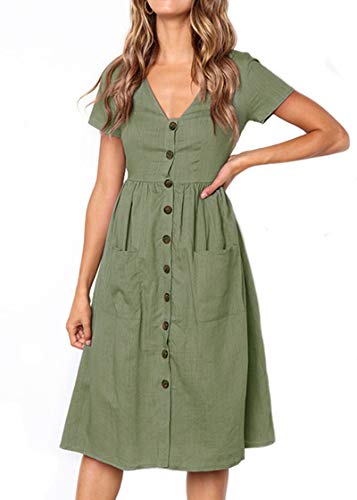 Alleen Damen Kurzarm Sommerkleider V-Ausschnitt Vintage Knöpfen Kleid Strandkleider Mit Taschen(XL, Gr¨¹n) von Alleen