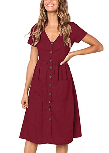 Alleen Damen Kurzarm Sommerkleider V-Ausschnitt Vintage Knöpfen Kleid Strandkleider Mit Taschen(XL, Rot) von Alleen