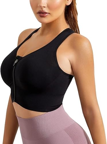 Alleen Damen Sport BH mit Reißverschluss Sportbekleidung Baumwollec ohne Bügel atmungsaktiv Joggen Yoga Jumping Fitness Bra(schwarz,L) von Alleen