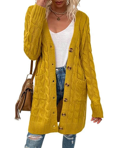 Alleen Damen Strickjacke Lang mit Knöpfen Herbst Strickpullover Jacke Langarm Cardigan mit Taschen (Gelb, M) von Alleen