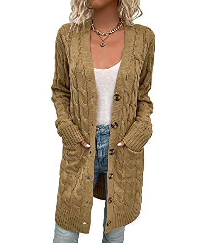 Alleen Damen Strickjacke Lang mit Knöpfen Herbst Strickpullover Jacke Langarm Cardigan mit Taschen (Khaki, M) von Alleen