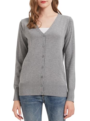 Alleen Strickjacke Damen Herbst Frühling V-Ausschnitt Langarm Strickjacke Kurz Dünne Cardigan Damen mit Knöpfen (Hellgrau, XL) von Alleen