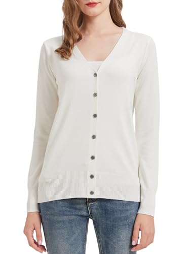 Alleen Strickjacke Damen Herbst Frühling V-Ausschnitt Langarm Strickjacke Kurz Dünne Cardigan Damen mit Knöpfen (Weiß, L) von Alleen