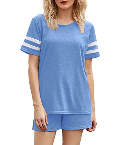 Alleen Damen Zweiteiliges Outfit Sleepwear Elastische Shorts und Rundhals Top Sommer Set (L, Blau) von Alleen