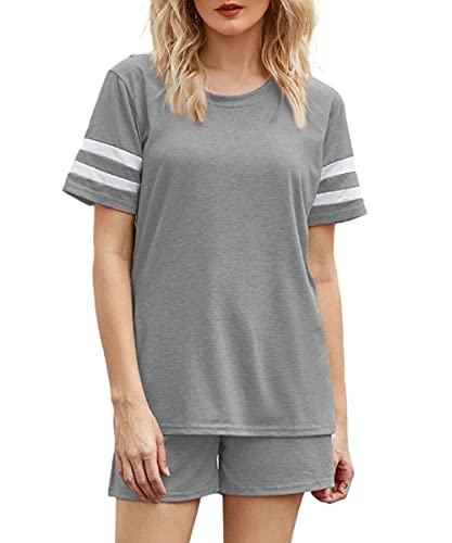 Alleen Damen Zweiteiliges Outfit Sleepwear Elastische Shorts und Rundhals Top Sommer Set (M, Grau) von Alleen