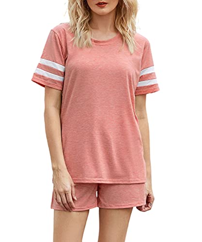 Alleen Damen Zweiteiliges Outfit Sleepwear Elastische Shorts und Rundhals Top Sommer Set (XL, Rosa) von Alleen