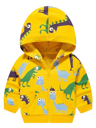 Alleen Jungen Sweatjacke Dino Pullover Kinder Baumwolle Langarm Kapuzenpullover Jacke Zip Up Hoodie mit Kapuze und Tasche (98, Gelb) von Alleen