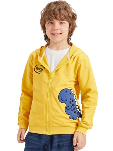 Alleen Jungen Sweatjacke Hoodie Langarm Baumwolle Kinder Pullover Dino Kapuzenpullover Jacke mit Kapuze und Reißverschluss (110, Gelb) von Alleen