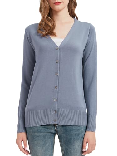 Alleen Strickjacke Damen Herbst Frühling V-Ausschnitt Langarm Strickjacke Kurz Dünne Cardigan Damen mit Knöpfen (Denim-Blau, L) von Alleen