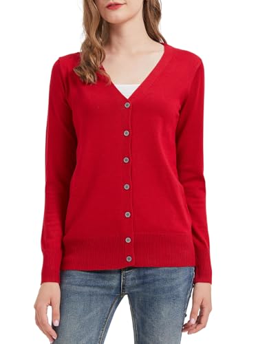 Alleen Strickjacke Damen Herbst Frühling V-Ausschnitt Langarm Strickjacke Kurz Dünne Cardigan Damen mit Knöpfen (Rot, M) von Alleen