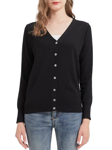Alleen Strickjacke Damen Herbst Frühling V-Ausschnitt Langarm Strickjacke Kurz Dünne Cardigan Damen mit Knöpfen (Schwarz, L) von Alleen