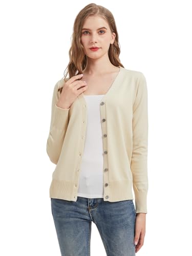 Alleen Strickjacke Damen Kurz Elegant Leichte Cardigan Langarm Jacke mit V-Ausschnitt und Knöpfen (Hellbeige, S) von Alleen