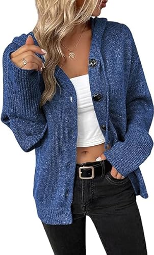 Alleen Strickpullover Damen Strickjacke mit Kapuze Herbst Winter Casual Strickcardigan Open Front Sweater mit Knopf(L,Royalblau) von Alleen