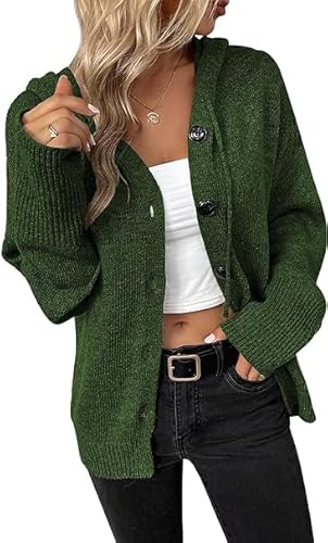 Alleen Strickpullover Damen Strickjacke mit Kapuze Herbst Winter Casual Strickcardigan Open Front Sweater mit Knopf(M,Armee Grün) von Alleen