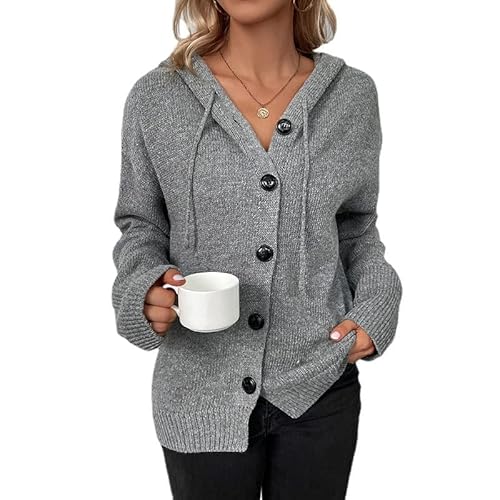 Alleen Strickpullover Damen Strickjacke mit Kapuze Herbst Winter Casual Strickcardigan Open Front Sweater mit Knopf(M,grau) von Alleen