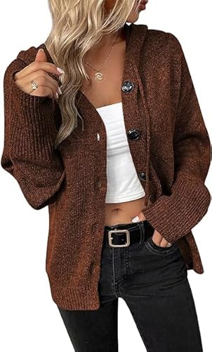 Alleen Strickpullover Damen Strickjacke mit Kapuze Herbst Winter Casual Strickcardigan Open Front Sweater mit Knopf(S,Braun) von Alleen