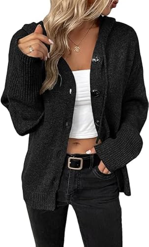 Alleen Strickpullover Damen Strickjacke mit Kapuze Herbst Winter Casual Strickcardigan Open Front Sweater mit Knopf(S,schwarz) von Alleen