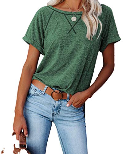 Damen Rundhals Kurzarm Top Sommer Loose Shirt Einfarbige T-Shirts (L, Grün) von Alleen