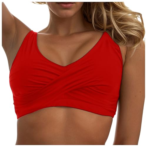 Allegorly Damen Bikini Oberteil V Ausschnitt Wickeloptik Crossover Lace Up Bralette Bademode Push Up Sport Bikini Triangel Neckholder Bikinis Bademode Strand Vacation Swimsuits Bikini Top (2-Red, L) von Allegorly