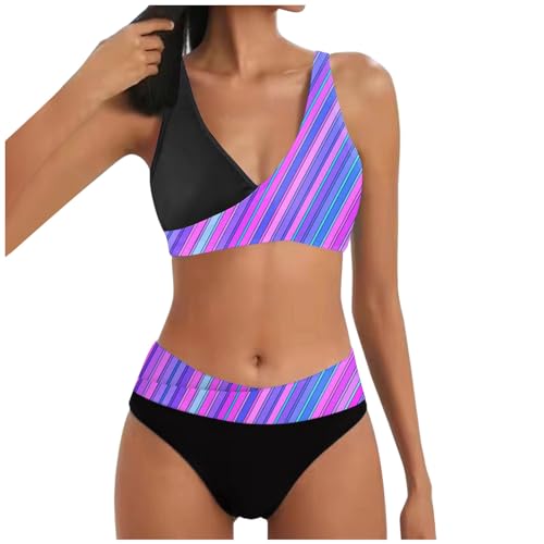 Allegorly Damen Bikini Set Triangel Breites Unterbrustband Bademode Zweiteiliger Badeanzug Wickeloptik Lace Up Bikini Bademode V Ausschnitt Blumenmuster Zweiteiliger Badeanzug Swimsuit (1D-Purple, L) von Allegorly