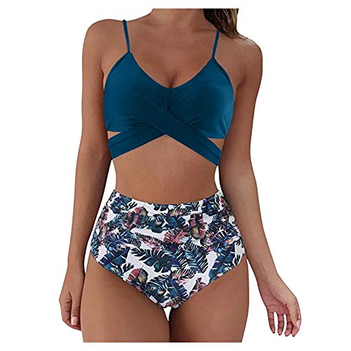 Allegorly Damen Bikini Set Triangel Breites Unterbrustband Bademode Zweiteiliger Badeanzug Wickeloptik Lace Up Bikini Bademode V Ausschnitt Blumenmuster Zweiteiliger Badeanzug Swimsuit (6-Blue, XXL) von Allegorly