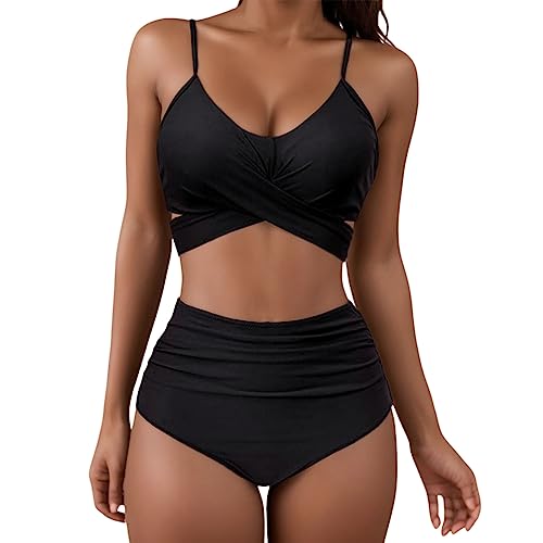 Allegorly Damen Bikini Set Triangel Breites Unterbrustband Bademode Zweiteiliger Badeanzug Wickeloptik Lace Up Bikini Bademode V Ausschnitt Blumenmuster Zweiteiliger Badeanzug Swimsuit (9-Black, M) von Allegorly