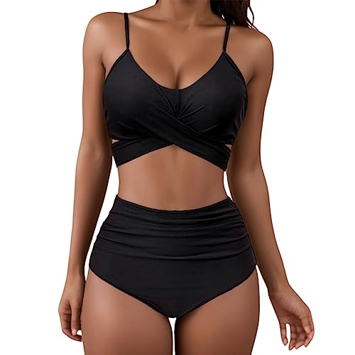 Allegorly Damen Bikini Set Triangel Breites Unterbrustband Bademode Zweiteiliger Badeanzug Wickeloptik Lace Up Bikini Bademode V Ausschnitt Blumenmuster Zweiteiliger Badeanzug Swimsuit (9-Black, XL) von Allegorly