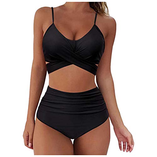 Allegorly Damen Bikini Set Triangel Breites Unterbrustband Bademode Zweiteiliger Badeanzug Wickeloptik Lace Up Bikini Bademode V Ausschnitt Blumenmuster Zweiteiliger Badeanzug Swimsuit (9-Black, XXL) von Allegorly