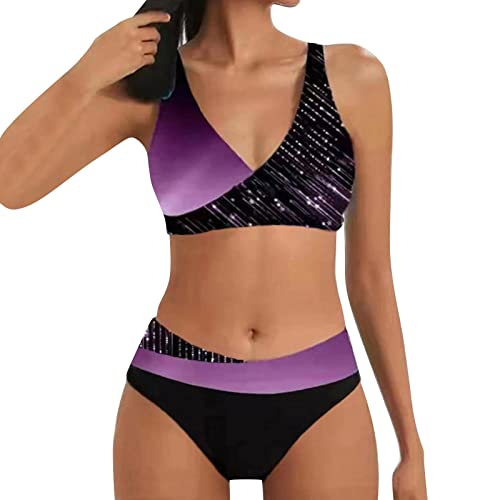 Allegorly Damen Bikini Set Triangel Breites Unterbrustband Bademodes Zweiteiliger Badeanzug Wickeloptik Lace Up Bikini Bademodes V Ausschnitt Blumenmuster Zweiteiliger Badeanzug (HJ1B-Purple, M) von Allegorly