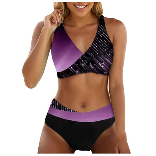 Allegorly Damen Bikini Set Triangel Breites Unterbrustband Bademodes Zweiteiliger Badeanzug Wickeloptik Lace Up Bikini Bademodes V Ausschnitt Blumenmuster Zweiteiliger Badeanzug (HJ1B-Purple, M) von Allegorly