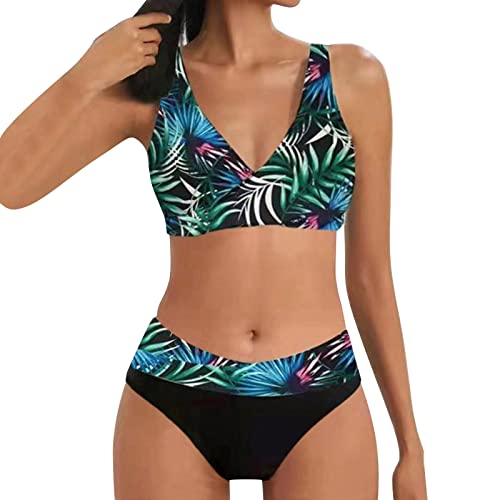 Allegorly Damen Bikini Set Triangel Breites Unterbrustband Bademodes Zweiteiliger Badeanzug Wickeloptik Lace Up Bikini Bademodes V Ausschnitt Blumenmuster Zweiteiliger Badeanzug (HJ1C-Green, L) von Allegorly