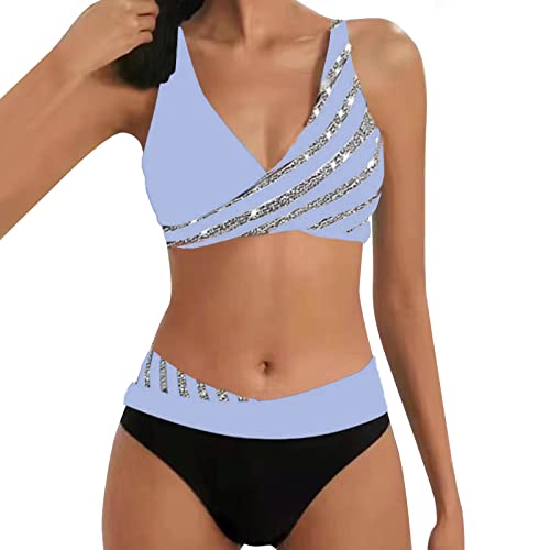 Allegorly Damen Bikini Set Triangel Breites Unterbrustband Bademodes Zweiteiliger Badeanzug Wickeloptik Lace Up Bikini Bademodes V Ausschnitt Blumenmuster Zweiteiliger Badeanzug (HJ1D-Light Blue, XL) von Allegorly