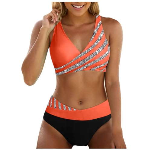 Allegorly Damen Bikini Set Triangel Breites Unterbrustband Bademodes Zweiteiliger Badeanzug Wickeloptik Lace Up Bikini Bademodes V Ausschnitt Blumenmuster Zweiteiliger Badeanzug (HJ1D-Orange, S) von Allegorly