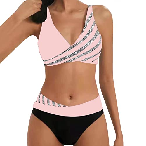 Allegorly Damen Bikini Set Triangel Breites Unterbrustband Bademodes Zweiteiliger Badeanzug Wickeloptik Lace Up Bikini Bademodes V Ausschnitt Blumenmuster Zweiteiliger Badeanzug (HJ1D-Pink, S) von Allegorly