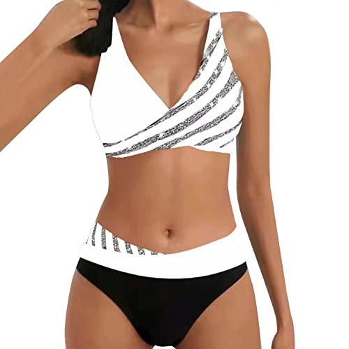 Allegorly Damen Bikini Set Triangel Breites Unterbrustband Bademodes Zweiteiliger Badeanzug Wickeloptik Lace Up Bikini Bademodes V Ausschnitt Blumenmuster Zweiteiliger Badeanzug (HJ1D-White, L) von Allegorly