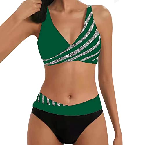 Allegorly Damen Bikini Set Triangel Breites Unterbrustband Bademodes Zweiteiliger Badeanzug Wickeloptik Lace Up Bikini Bademodes V Ausschnitt Blumenmuster Zweiteiliger Badeanzug Swimsuit (HJ1D-AG, XL) von Allegorly