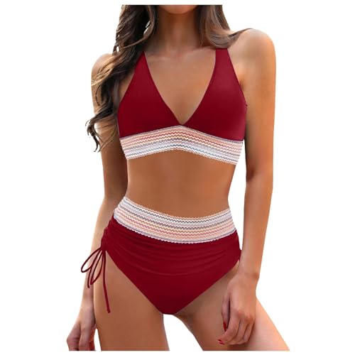 Allegorly Damen Bikini Set Triangel Breites Unterbrustband Zweiteiliger Badeanzug Wickeloptik Lace Up Bikini V Ausschnitt Blumenmuster Zweiteiliger Badeanzug Swimsuit (12-Red, M) von Allegorly