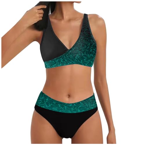 Allegorly Damen Bikini Set Triangel Breites Unterbrustband Zweiteiliger Badeanzug Wickeloptik Lace Up Bikini V Ausschnitt Blumenmuster Zweiteiliger Badeanzug Swimsuit (1A-Green, M) von Allegorly