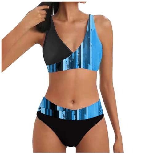 Allegorly Damen Bikini Set Triangel Breites Unterbrustband Zweiteiliger Badeanzug Wickeloptik Lace Up Bikini V Ausschnitt Blumenmuster Zweiteiliger Badeanzug Swimsuit (1C-Light Blue, M) von Allegorly