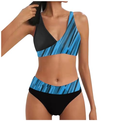 Allegorly Damen Bikini Set Triangel Breites Unterbrustband Zweiteiliger Badeanzug Wickeloptik Lace Up Bikini V Ausschnitt Blumenmuster Zweiteiliger Badeanzug Swimsuit (1C-Sky Blue, XXL) von Allegorly