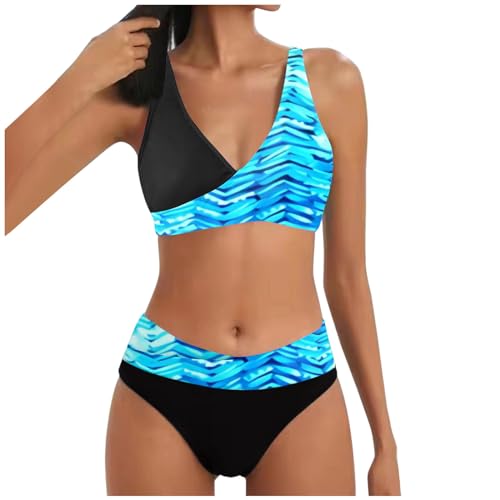 Allegorly Damen Bikini Set Triangel Breites Unterbrustband Zweiteiliger Badeanzug Wickeloptik Lace Up Bikini V Ausschnitt Blumenmuster Zweiteiliger Badeanzug Swimsuit (1D-Blue, XXL) von Allegorly