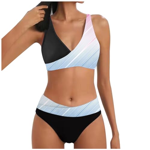 Allegorly Damen Bikini Set Triangel Breites Unterbrustband Zweiteiliger Badeanzug Wickeloptik Lace Up Bikini V Ausschnitt Blumenmuster Zweiteiliger Badeanzug Swimsuit (1D-Light Blue, L) von Allegorly