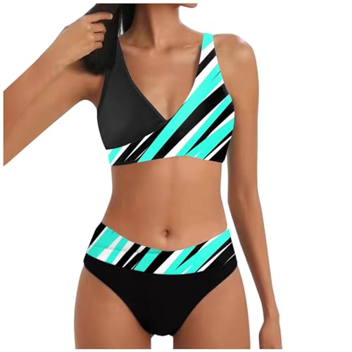 Allegorly Damen Bikini Set Triangel Breites Unterbrustband Zweiteiliger Badeanzug Wickeloptik Lace Up Bikini V Ausschnitt Blumenmuster Zweiteiliger Badeanzug Swimsuit (1D-Mint Green, L) von Allegorly